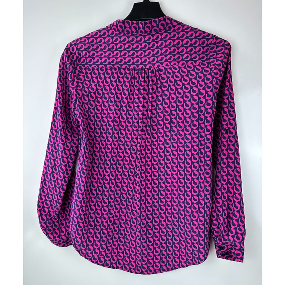 Diane von Furstenberg Silk Button Blouse Pink Navy Top Lorelei Chain DVF Size 8 - Picture 11 of 16